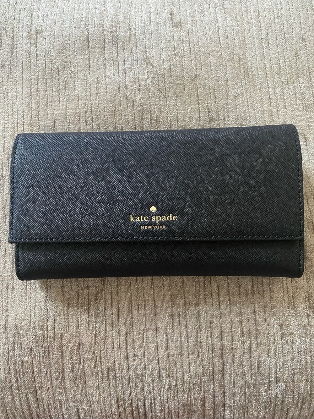 kate spade Black Saffiano Leather Fold Wallet with Gold Logo Plus Phone Case